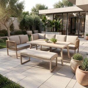 wohnli-moebel-suche-800001630355-1 LOUNGEGARNITUR PE-Rattan Beige Ecksofa mit Tisch & Bank Metall Urban Meuble Garten & Outdoor > Gartenmöbel > Gartenmöbel-Sets Beige