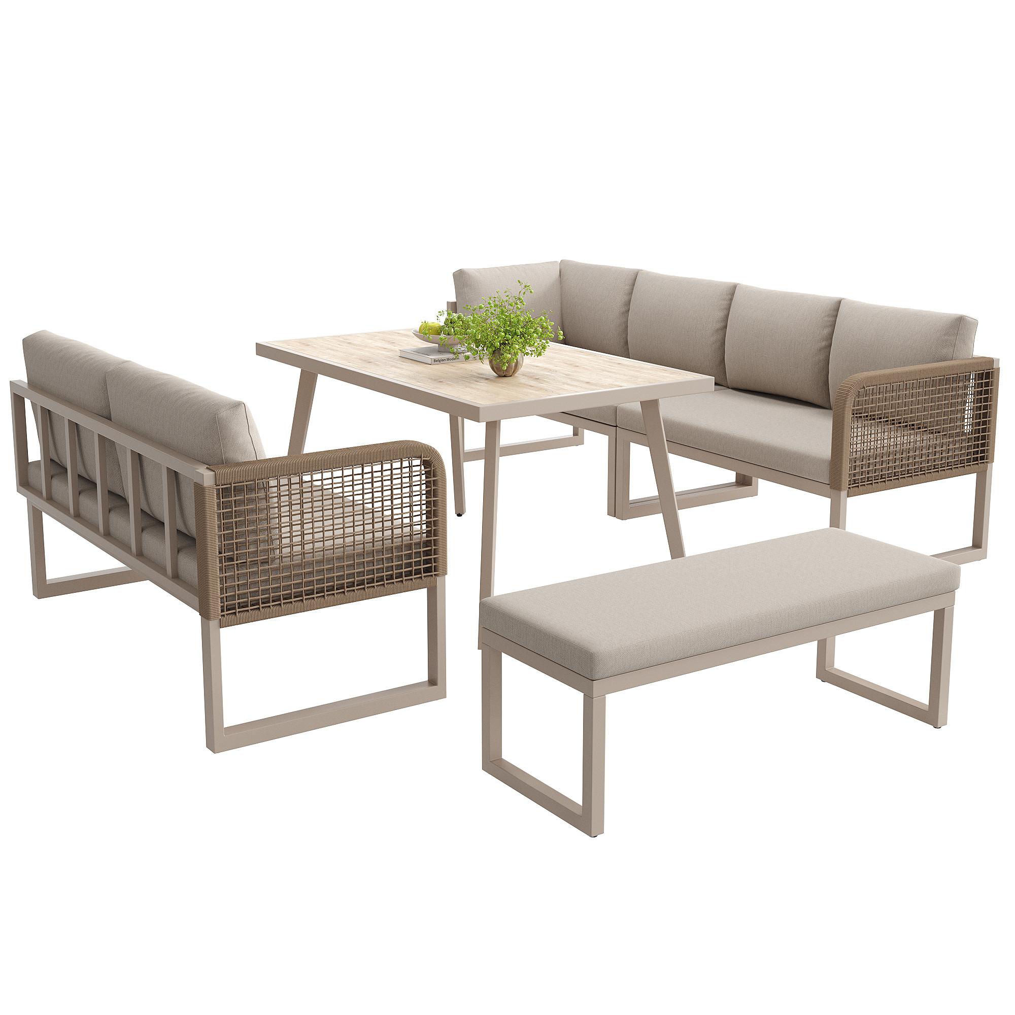 wohnli-moebel-suche-800001630355 Wohnli Möbelsuche - LOUNGEGARNITUR PE-Rattan Beige Ecksofa mit Tisch & Bank