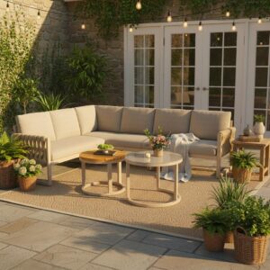 wohnli-moebel-suche-800001630386-1 LOUNGEGARNITUR Metall Beige Ecksofa mit 2 Beistelltischen Metall Urban Meuble Garten & Outdoor > Gartenmöbel > Gartenmöbel-Sets Beige