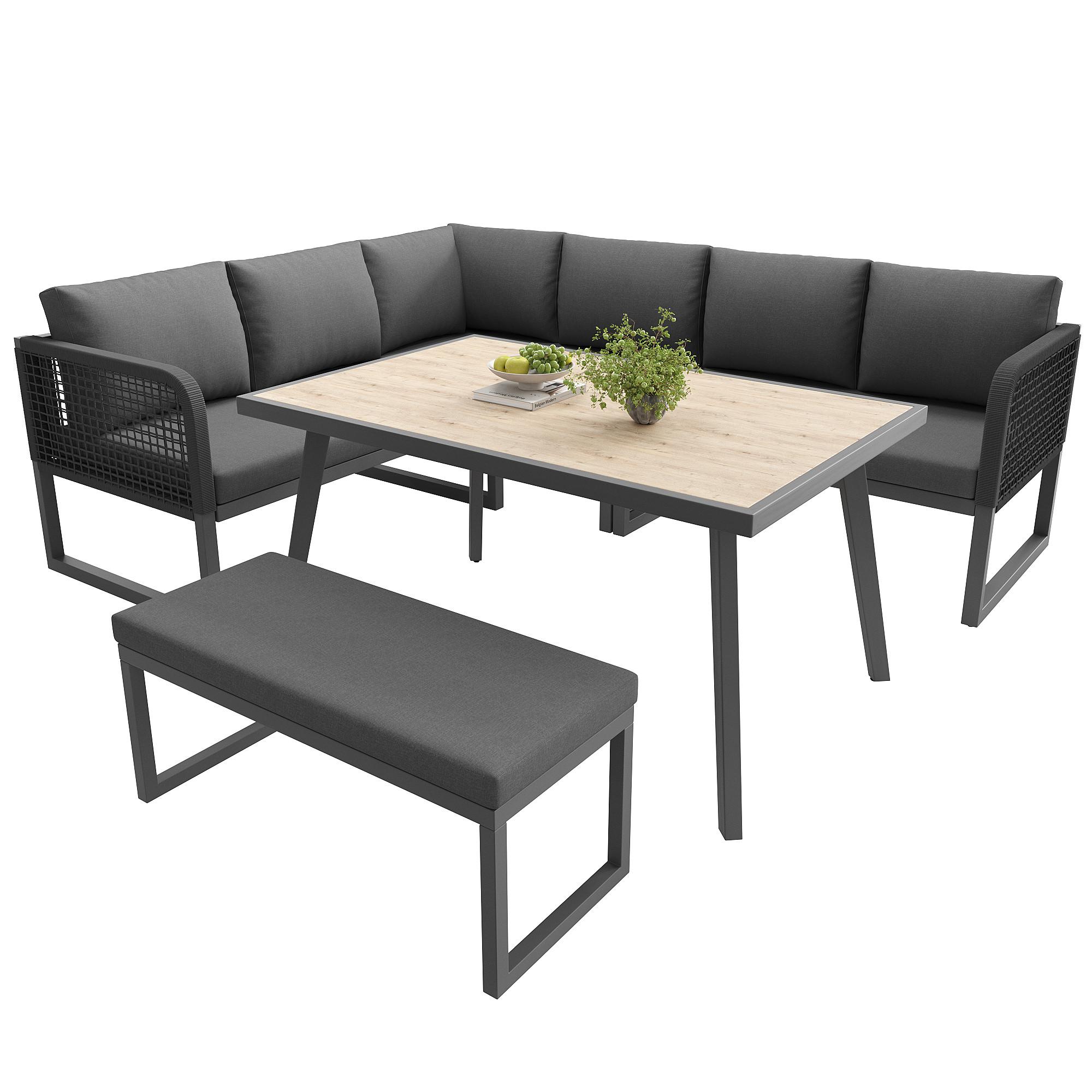 wohnli-moebel-suche-800001630393 Wohnli Möbelsuche - LOUNGEGARNITUR 6-tlg. PE-Rattan Grau Ecksofa mit Tisch & Bank für Terrasse