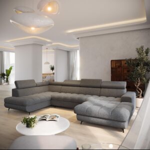 wohnli-moebel-suche-800001667949-1 WOHNLANDSCHAFT CORENO Grau Boucle-Stoff mit Schlaffunktion Holz MASSENO Möbel > Sofas & Couches > Wohnlandschaften > Wohnlandschaften U-Form Grau