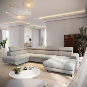 WOHNLANDSCHAFT CORENO Hellgrau Boucle-Stoff mit Schlaffunktion Holz MASSENO Möbel > Sofas & Couches > Wohnlandschaften > Wohnlandschaften U-Form Grau