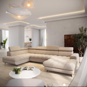 wohnli-moebel-suche-800001667960-1 WOHNLANDSCHAFT CORENO Beige Boucle-Stoff mit Schlaffunktion Holz MASSENO Möbel > Sofas & Couches > Wohnlandschaften > Wohnlandschaften U-Form Beige