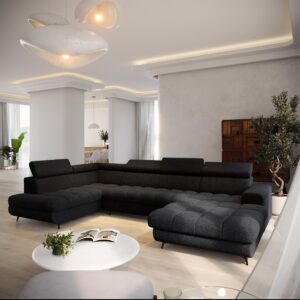 WOHNLANDSCHAFT CORENO Schwarz Boucle-Stoff mit Schlaffunktion Holz MASSENO Möbel > Sofas & Couches > Wohnlandschaften > Wohnlandschaften U-Form Schwarz