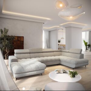 wohnli-moebel-suche-800001668138-1 WOHNLANDSCHAFT CORENO Hellgrau Boucle-Stoff mit Schlaffunktion Holz MASSENO Möbel > Sofas & Couches > Wohnlandschaften > Wohnlandschaften U-Form Grau