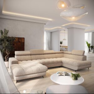 wohnli-moebel-suche-800001668139-1 WOHNLANDSCHAFT CORENO Beige Boucle-Stoff mit Schlaffunktion Holz MASSENO Möbel > Sofas & Couches > Wohnlandschaften > Wohnlandschaften U-Form Beige