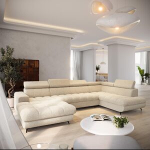 wohnli-moebel-suche-800001668141-1 WOHNLANDSCHAFT CORENO Creme Boucle-Stoff mit Schlaffunktion Holz MASSENO Möbel > Sofas & Couches > Wohnlandschaften > Wohnlandschaften U-Form Weiß