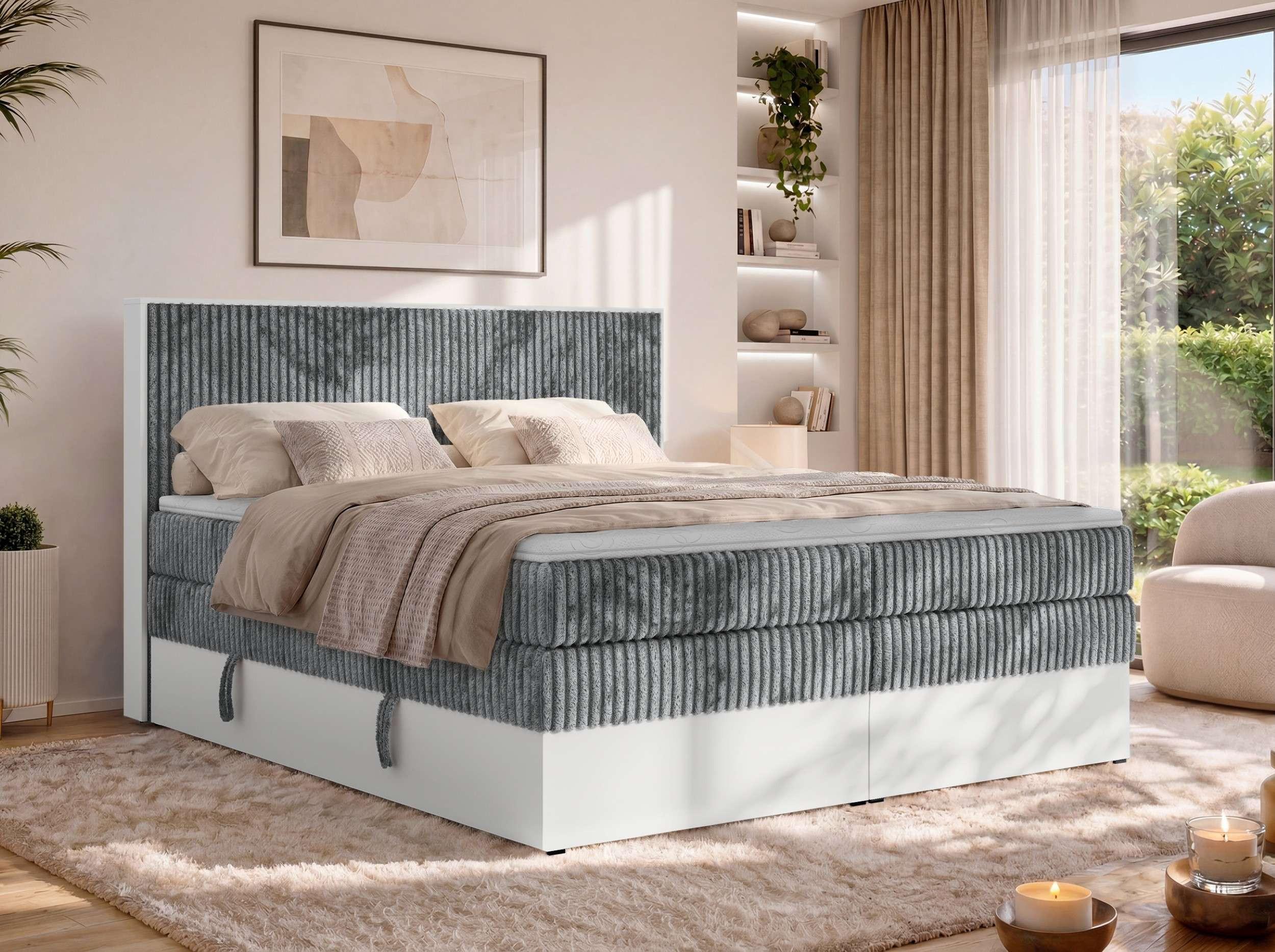 wohnli-moebel-suche-800001671397-1 BOXSPRINGBETT TRAVIT KING 140/200 - Grau Cord - Topper Visco - H3 Textil MKS Möbel > Betten > Boxspringbetten Grau