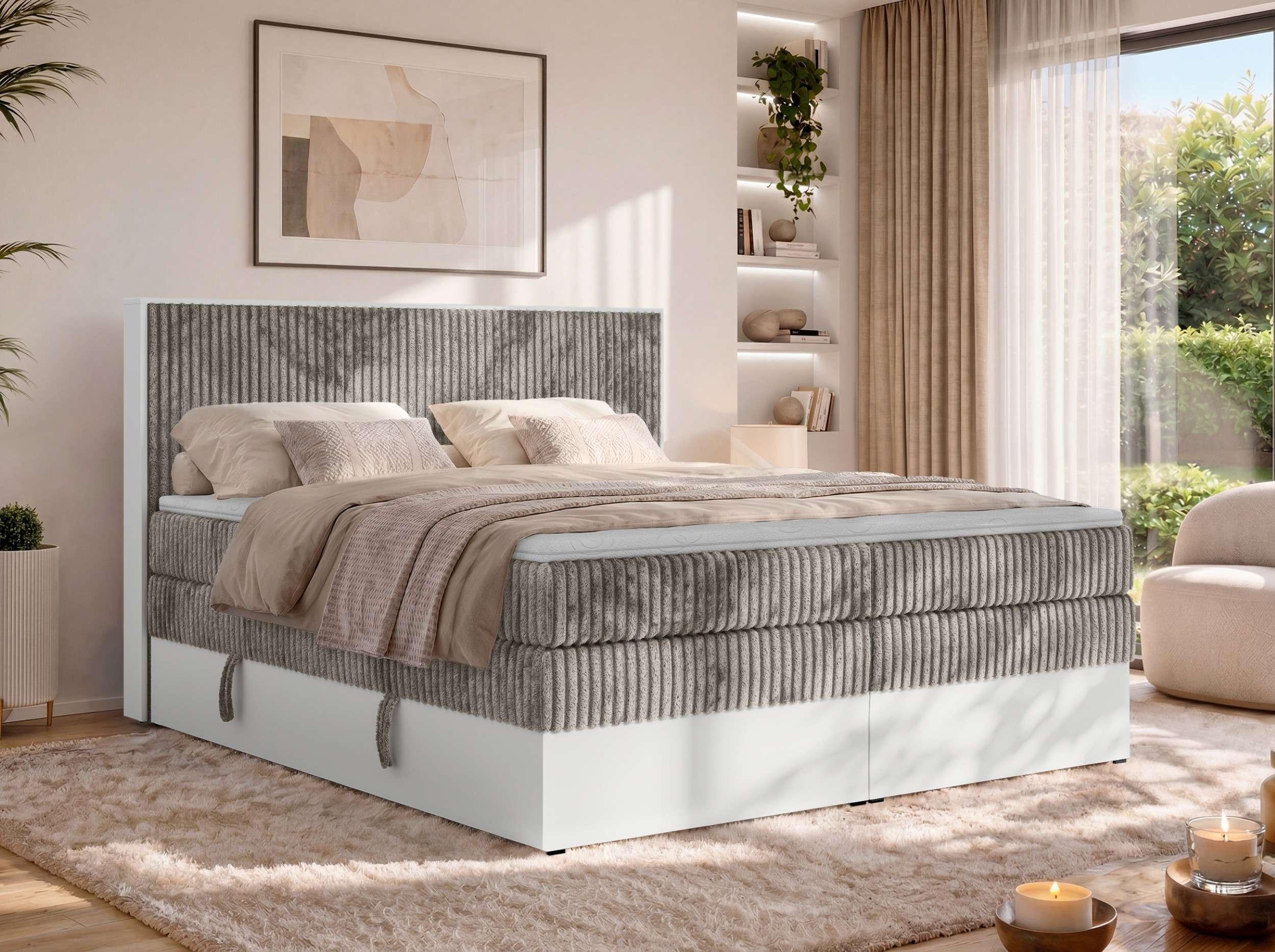 BOXSPRINGBETT TRAVIT KING 140/200 - Hellbraun Cord - Topper Visco - H3 Textil MKS Möbel > Betten > Boxspringbetten Braun