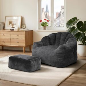 SESSEL mit Hocker aus weichem Chenille mit Blüten-Rückenlehne und Ottomane Textil Urban Meuble Möbel > Sessel > Polstersessel Schwarz