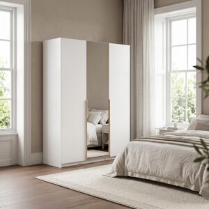 wohnli-moebel-suche-800001710501-1 DREHTÜRENSCHRANK THALIA 148/204/58cm 3-türig mit Spiegel Weiß Holzwerkstoff MASSENO Möbel > Schränke > Kleiderschränke > Drehtürenschränke Weiß
