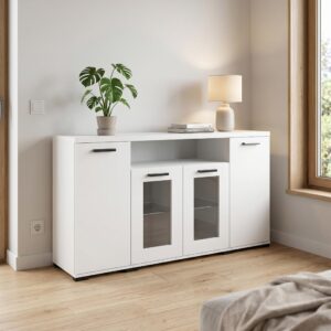 wohnli-moebel-suche-800001710544-1 KOMMODE LIVORNO 160/85/40cm mit 4 Türen Weiß Holzwerkstoff MASSENO Möbel > Kommoden & Schubladenschränke > Kommoden Weiß