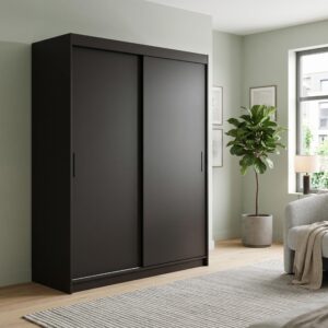 wohnli-moebel-suche-800001710600-1 SCHWEBETÜRENSCHRANK TELA 160/205/60cm 2-türig Schwarz Holzwerkstoff MASSENO Möbel > Schränke > Kleiderschränke > Schwebetürenschränke Schwarz