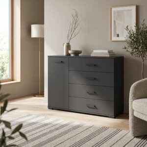 KOMMODE ALBANO 120/83/40cm mit 4 Schubladen 1 Türen Schwarz Holzwerkstoff MASSENO Möbel > Kommoden & Schubladenschränke > Kommoden Schwarz