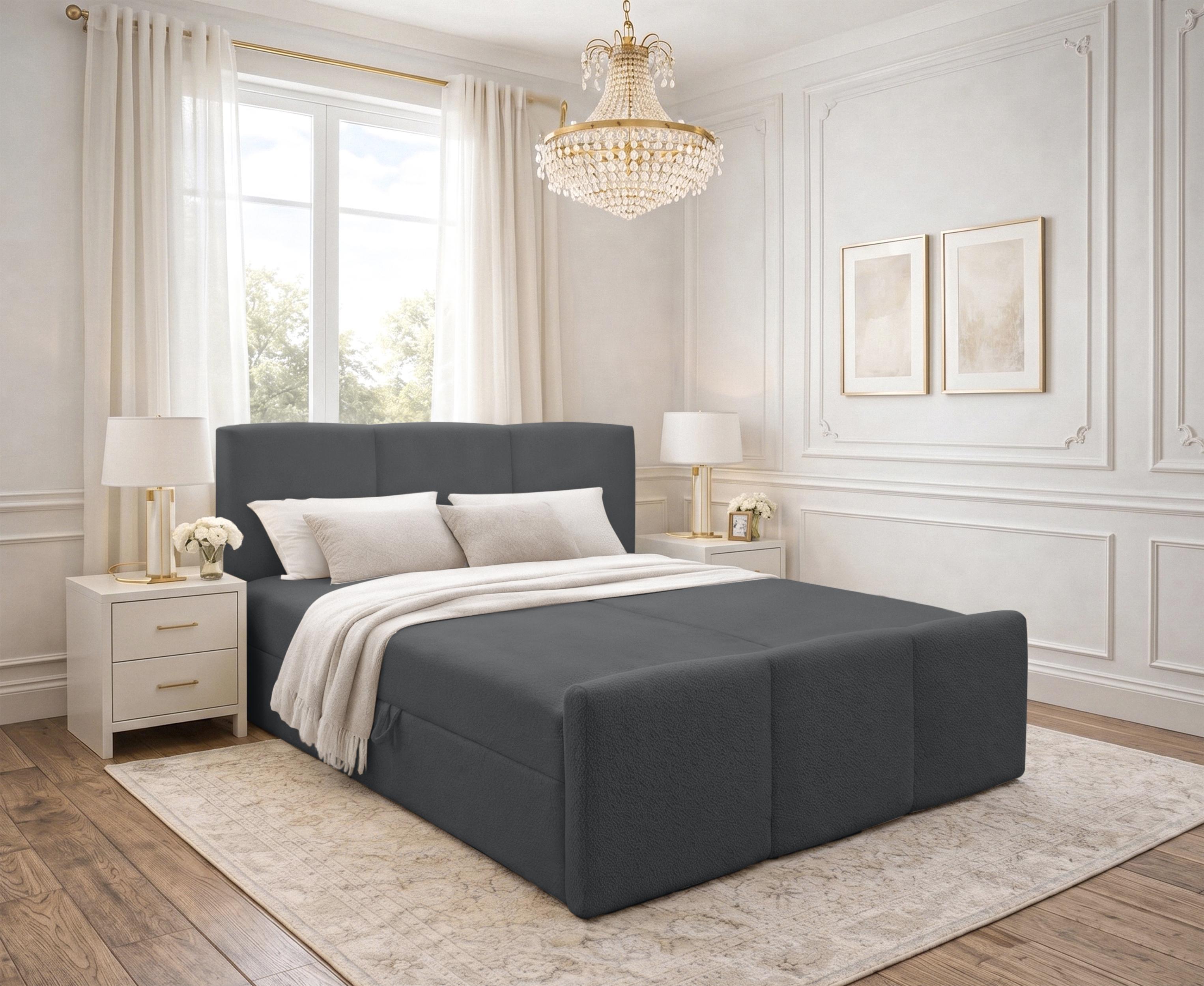 BOXBETT ANKARRA 160x200 cm mit Bettkasten und Matratze - Grau + TOPPER Textil AX Living Möbel > Betten > Boxspringbetten Grau