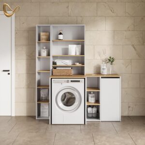wohnli-moebel-suche-800001721951-1 BADSCHRANK Paolina Weiß/Artisan 68 x 88.2 cm mit offenen Regalen und Wäschekorb Holzwerkstoff Livinity® Möbel > Schränke > Badezimmerschränke Weiß
