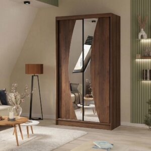 wohnli-moebel-suche-800001725208-1 SCHWEBETÜRENSCHRANK Vox II mit Schubladen und Spiegel 120/216/61 Walnuss Holzwerkstoff Beautysofa Möbel > Schränke > Kleiderschränke > Schwebetürenschränke Braun