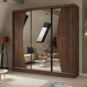 wohnli-moebel-suche-800001725212-1 SCHWEBETÜRENSCHRANK Vox II mit Schubladen und Spiegel 240/216/61 Walnuss Holzwerkstoff Beautysofa Möbel > Schränke > Kleiderschränke > Schwebetürenschränke Braun