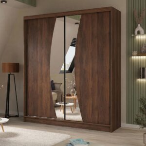 wohnli-moebel-suche-800001725215-1 SCHWEBETÜRENSCHRANK Vox II mit Schubladen und Spiegel 200/216/61 Walnuss Holzwerkstoff Beautysofa Möbel > Schränke > Kleiderschränke > Schwebetürenschränke Braun