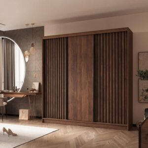 wohnli-moebel-suche-800001725475-1 SCHWEBETÜRENSCHRANK Helios II mit Schubladen und Lamellen 240/216/61 Walnuss+Schwarz Holzwerkstoff Beautysofa Möbel > Schränke > Kleiderschränke > Schwebetürenschränke Braun