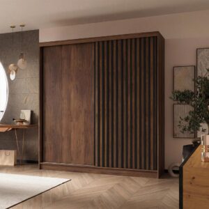 SCHWEBETÜRENSCHRANK Helios II mit Schubladen und Lamellen 200/216/61 Walnuss+Schwarz Holzwerkstoff Beautysofa Möbel > Schränke > Kleiderschränke > Schwebetürenschränke Braun