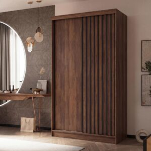 wohnli-moebel-suche-800001725478-1 SCHWEBETÜRENSCHRANK Helios II mit Schubladen und Lamellen 120/216/61 Walnuss+Schwarz Holzwerkstoff Beautysofa Möbel > Schränke > Kleiderschränke > Schwebetürenschränke Braun
