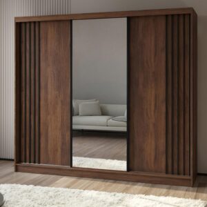 wohnli-moebel-suche-800001725479-1 SCHWEBETÜRENSCHRANK Nela II mit Schubladen und Spiegel 240/216/61 Walnuss+Schwarz Holzwerkstoff Beautysofa Möbel > Schränke > Kleiderschränke > Schwebetürenschränke Braun