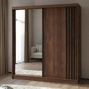 wohnli-moebel-suche-800001725482-1 SCHWEBETÜRENSCHRANK Nela II mit Schubladen und Spiegel 200/216/61 Walnuss+Schwarz Holzwerkstoff Beautysofa Möbel > Schränke > Kleiderschränke > Schwebetürenschränke Braun