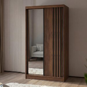 wohnli-moebel-suche-800001725484-1 SCHWEBETÜRENSCHRANK Nela II mit Schubladen und Spiegel 120/216/61 Walnuss+Schwarz Holzwerkstoff Beautysofa Möbel > Schränke > Kleiderschränke > Schwebetürenschränke Braun