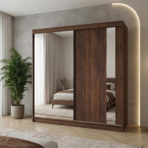 wohnli-moebel-suche-800001726526-1 SCHWEBETÜRENSCHRANK Gaja II mit Schubladen und Spiegel 200/216/61 Walnuss Holzwerkstoff Beautysofa Möbel > Schränke > Kleiderschränke > Schwebetürenschränke Braun