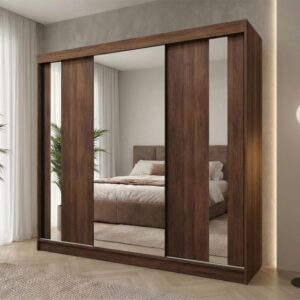 wohnli-moebel-suche-800001726530-1 SCHWEBETÜRENSCHRANK Gaja II mit Schubladen und Spiegel 240/216/61 Walnuss Holzwerkstoff Beautysofa Möbel > Schränke > Kleiderschränke > Schwebetürenschränke Braun