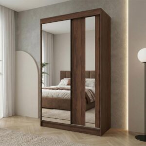wohnli-moebel-suche-800001726533-1 SCHWEBETÜRENSCHRANK Gaja II mit Schubladen und Spiegel 120/216/61 Walnuss Holzwerkstoff Beautysofa Möbel > Schränke > Kleiderschränke > Schwebetürenschränke Braun