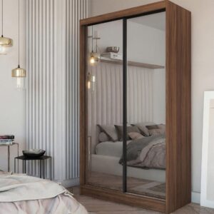 wohnli-moebel-suche-800001726536-1 SCHWEBETÜRENSCHRANK Debra II mit Schubladen und Spiegel 120/216/61 Walnuss Holzwerkstoff Beautysofa Möbel > Schränke > Kleiderschränke > Schwebetürenschränke Braun
