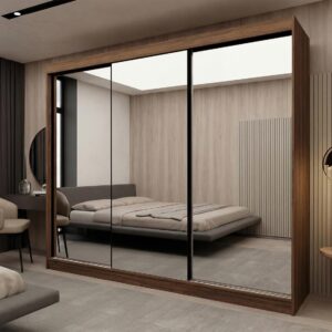 wohnli-moebel-suche-800001726540-1 SCHWEBETÜRENSCHRANK Debra II mit Schubladen und Spiegel 240/216/61 Walnuss Holzwerkstoff Beautysofa Möbel > Schränke > Kleiderschränke > Schwebetürenschränke Braun