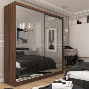 wohnli-moebel-suche-800001726544-1 SCHWEBETÜRENSCHRANK Debra II mit Schubladen und Spiegel 200/216/61 Walnuss Holzwerkstoff Beautysofa Möbel > Schränke > Kleiderschränke > Schwebetürenschränke Braun