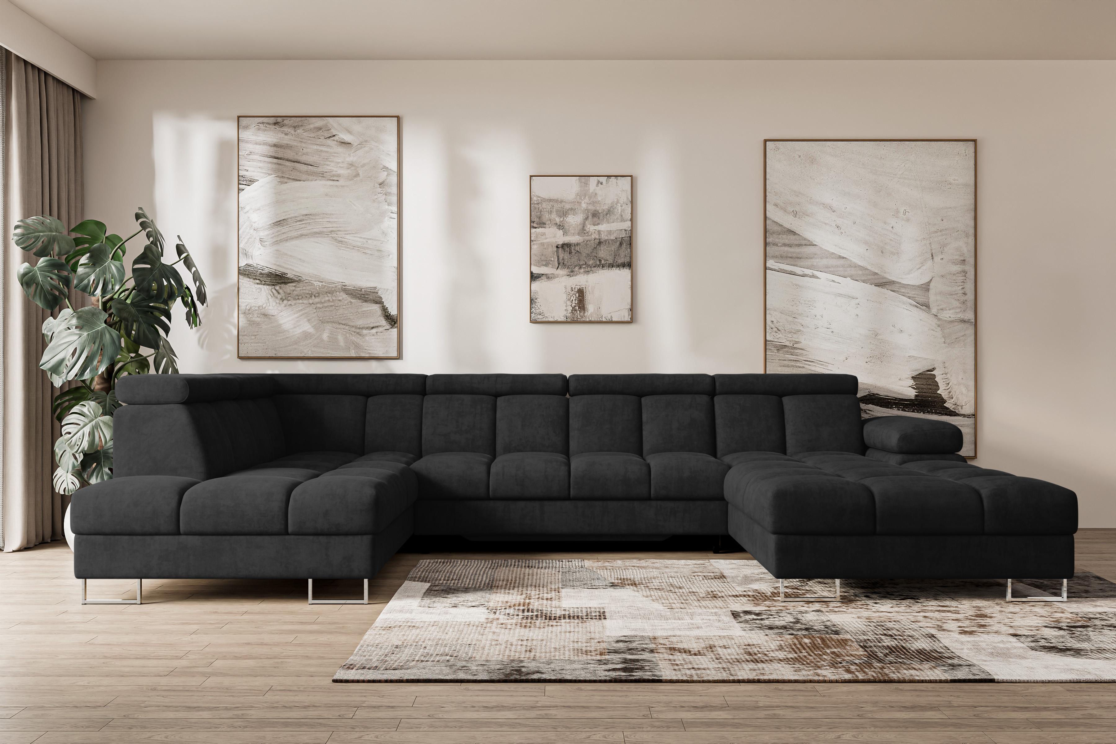 wohnli-moebel-suche-800001727647-1 WOHNLANDSCHAFT mit Schlaffunktion und Bettkasten Ottomane Links COMA U 345x203x79 Schwarz Velours Textil ALTDECOR Möbel > Sofas & Couches > Wohnlandschaften > Wohnlandschaften U-Form Schwarz