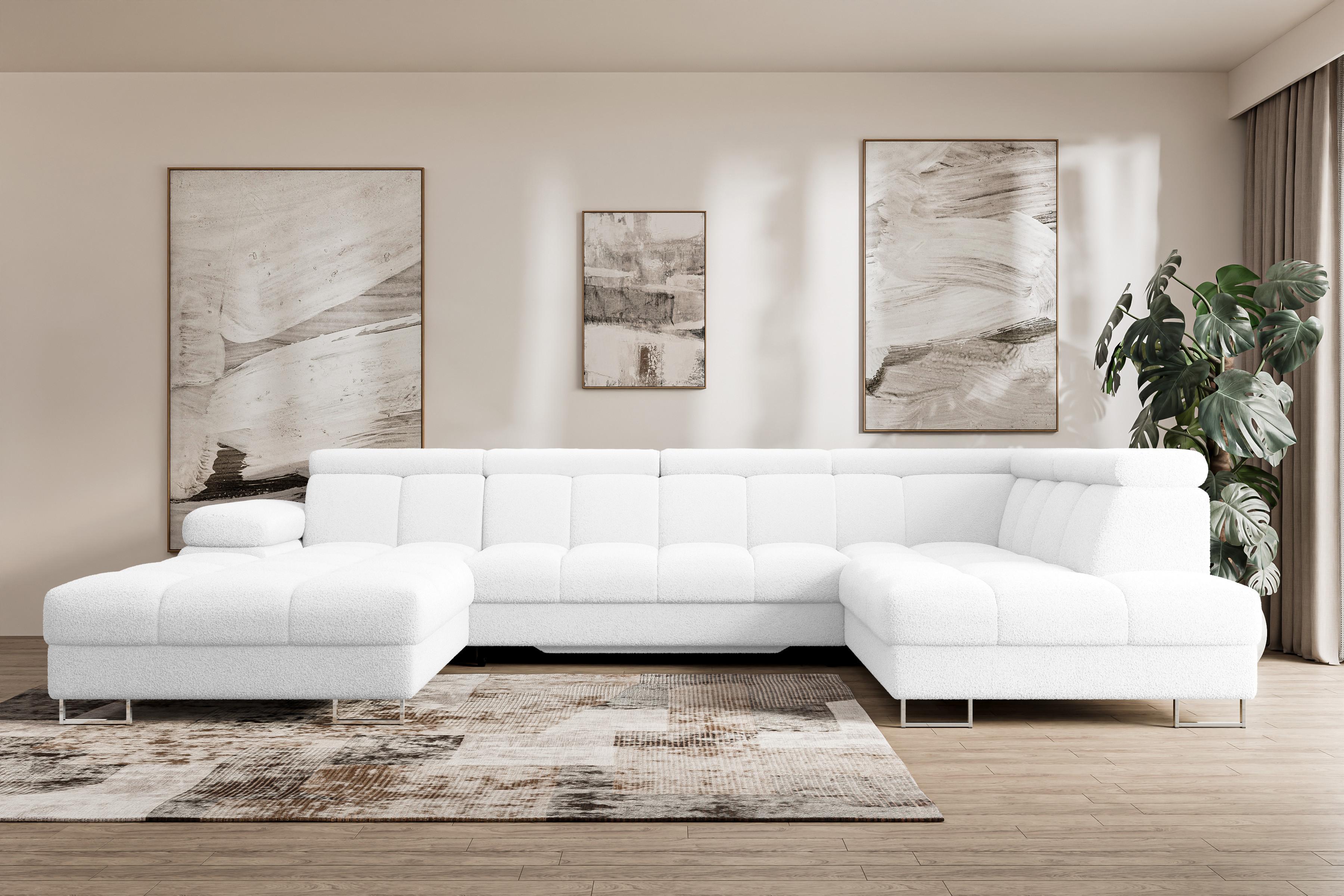 WOHNLANDSCHAFT mit Schlaffunktion und Bettkasten Ottomane RECHTS COMA U 345x203x79 Weiß Bouclé Textil ALTDECOR Möbel > Sofas & Couches > Wohnlandschaften > Wohnlandschaften U-Form Weiß