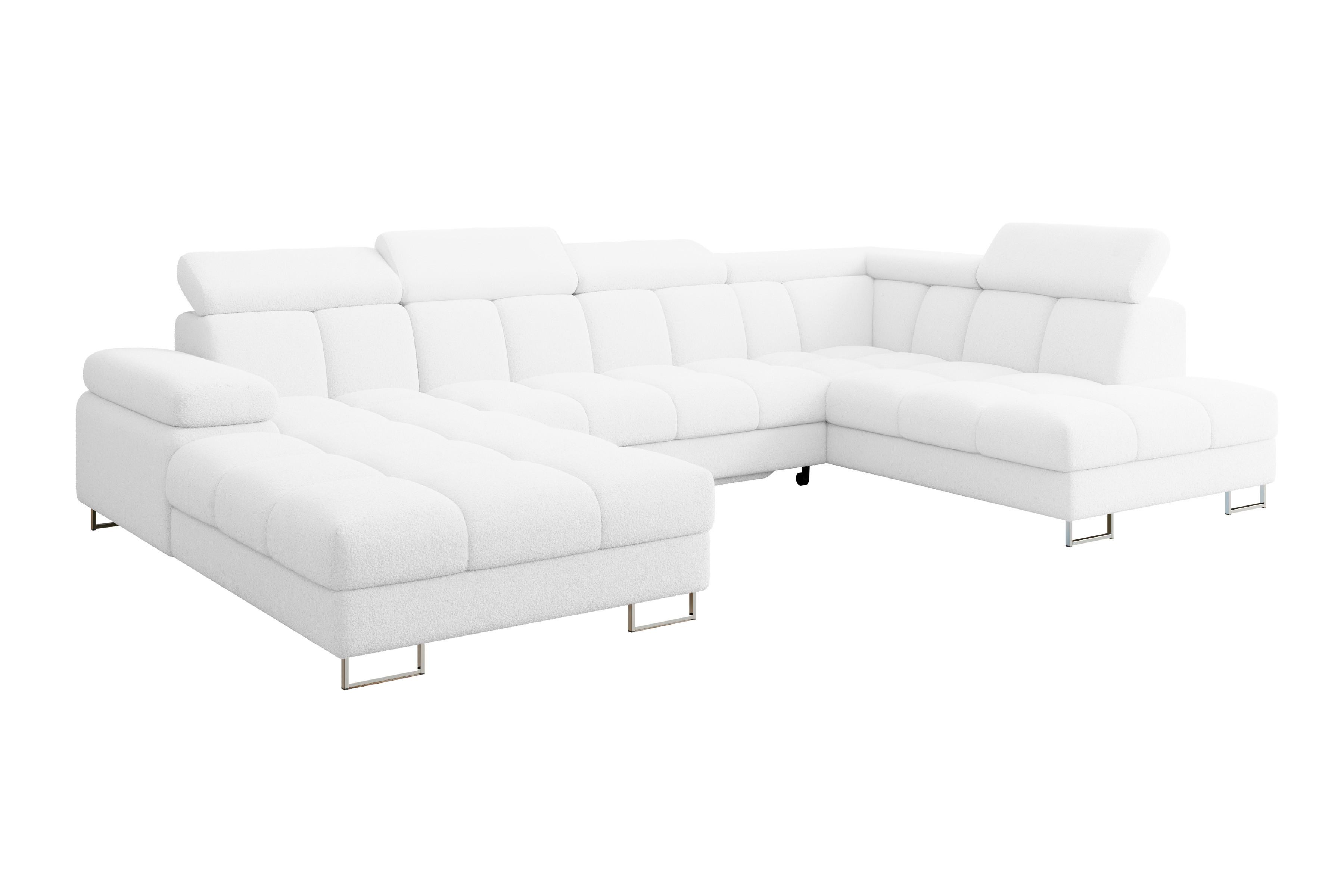 Wohnli Möbelsuche - WOHNLANDSCHAFT mit Schlaffunktion und Bettkasten Ottomane RECHTS COMA U 345x203x79 Weiß Bouclé