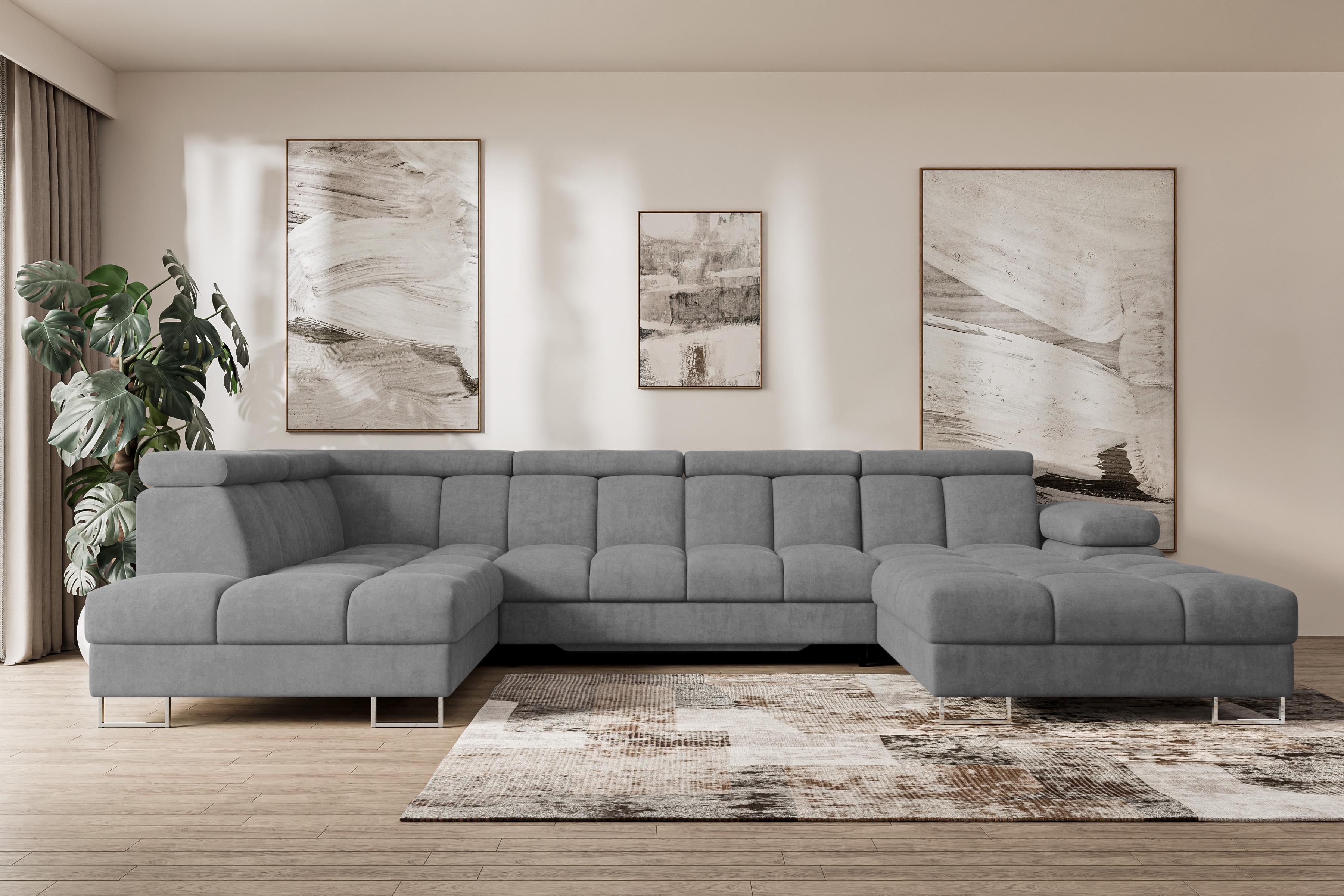 WOHNLANDSCHAFT mit Schlaffunktion und Bettkasten Ottomane Links COMA U 345x203x79 Grau Velours Textil ALTDECOR Möbel > Sofas & Couches > Wohnlandschaften > Wohnlandschaften U-Form Grau