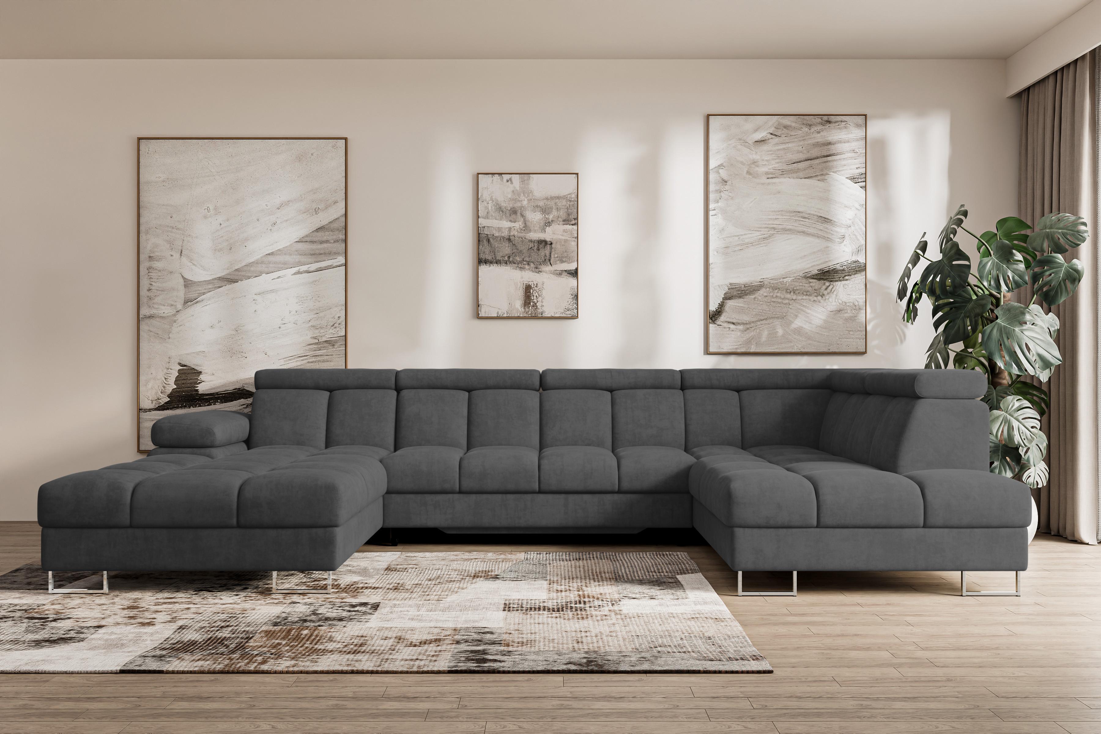 wohnli-moebel-suche-800001727700-1 WOHNLANDSCHAFT mit Schlaffunktion und Bettkasten Ottomane RECHTS COMA U 345x203x79 Dunkelgrau Velours Textil ALTDECOR Möbel > Sofas & Couches > Wohnlandschaften > Wohnlandschaften U-Form Grau