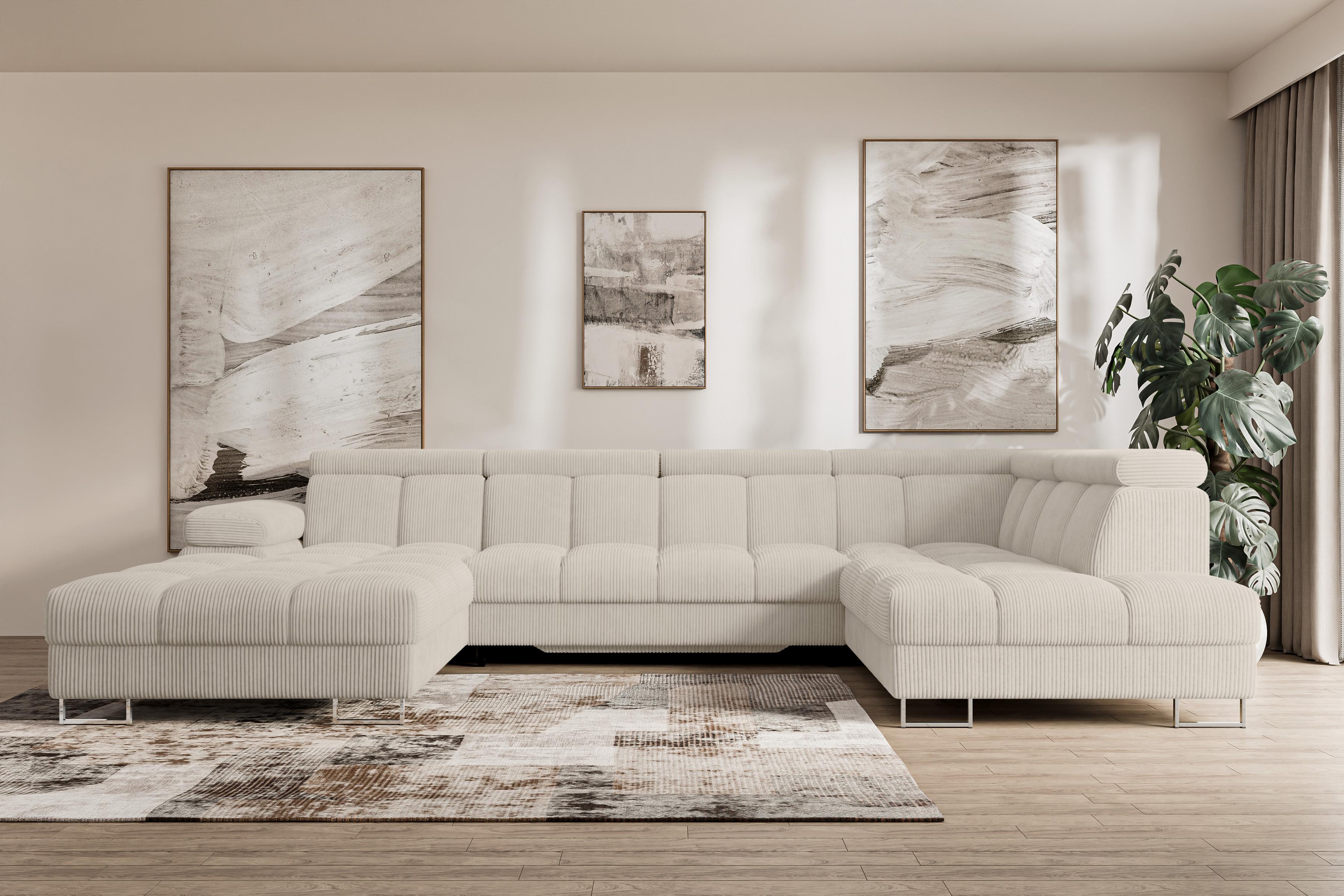 wohnli-moebel-suche-800001727714-1 WOHNLANDSCHAFT mit Schlaffunktion und Bettkasten Ottomane RECHTS COMA U 345x203x79 Beige Cord Textil ALTDECOR Möbel > Sofas & Couches > Wohnlandschaften > Wohnlandschaften U-Form Beige