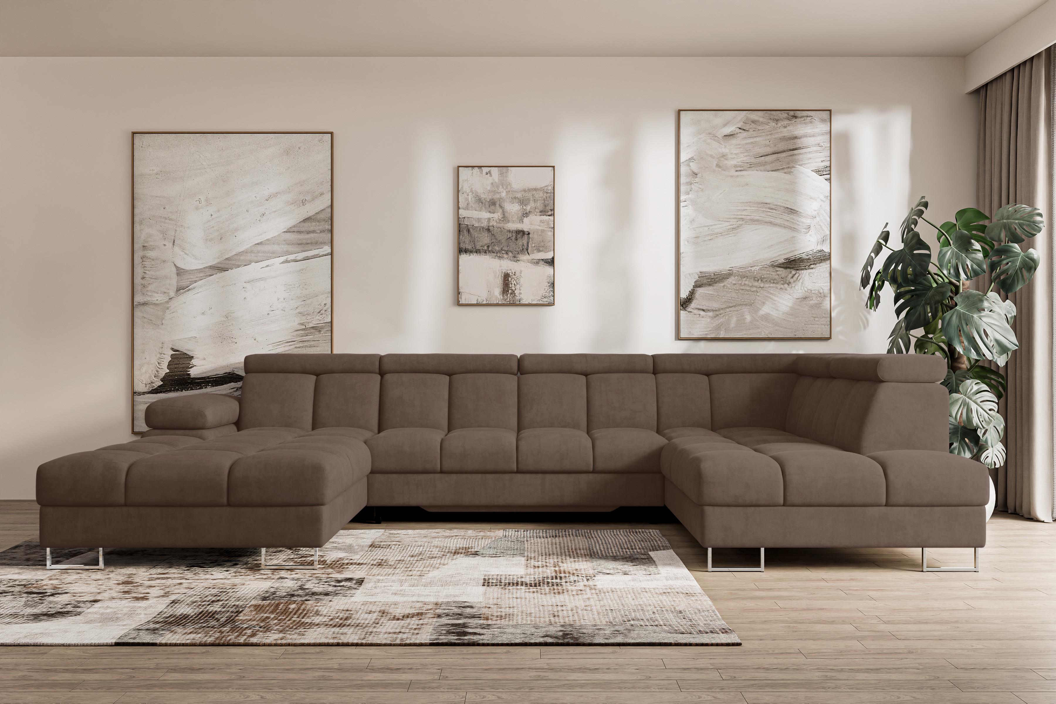 wohnli-moebel-suche-800001727717-1 WOHNLANDSCHAFT mit Schlaffunktion und Bettkasten Ottomane RECHTS COMA U 345x203x79 Braun Velours Textil ALTDECOR Möbel > Sofas & Couches > Wohnlandschaften > Wohnlandschaften U-Form Braun