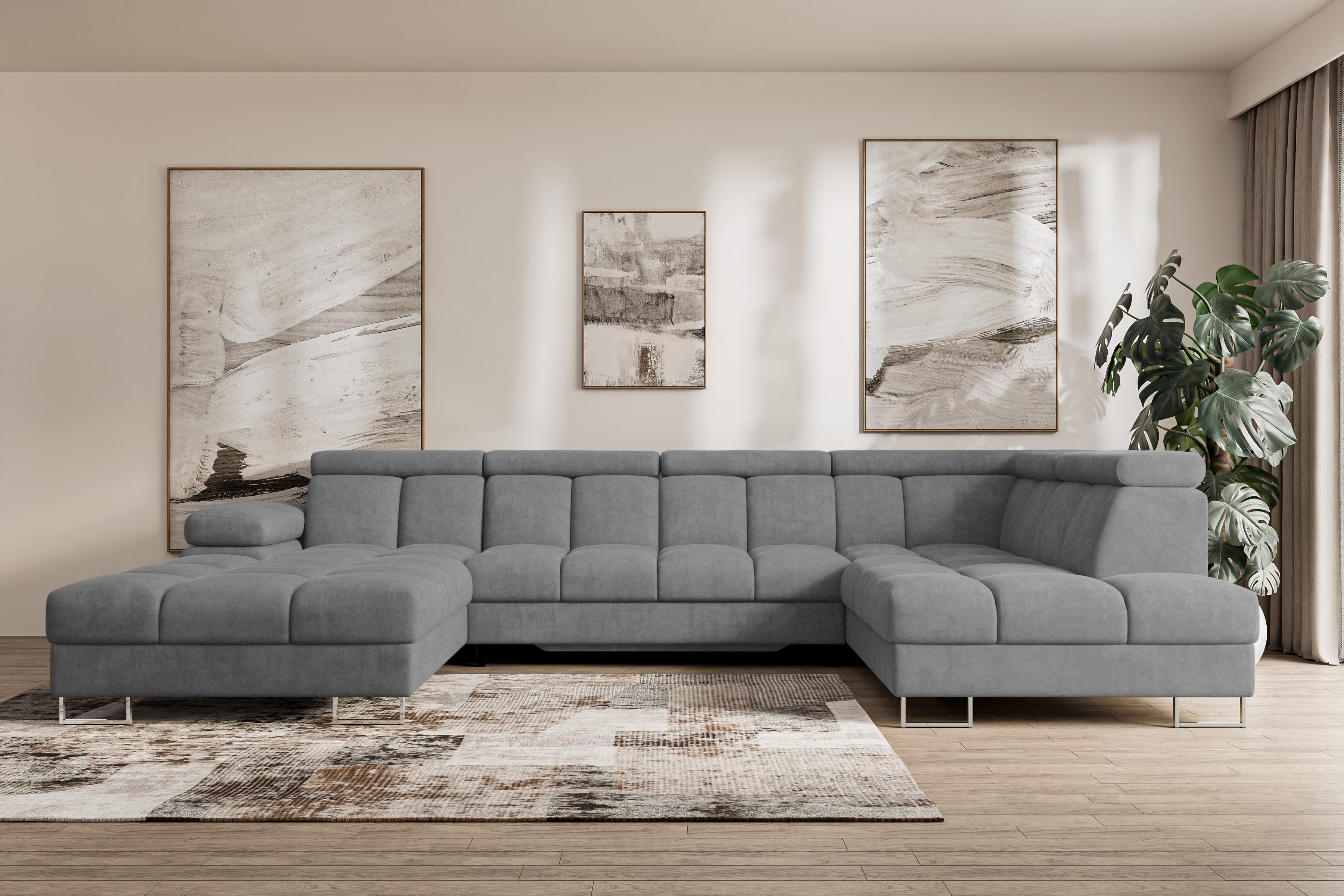 WOHNLANDSCHAFT mit Schlaffunktion und Bettkasten Ottomane RECHTS COMA U 345x203x79 Grau Velours Textil ALTDECOR Möbel > Sofas & Couches > Wohnlandschaften > Wohnlandschaften U-Form Grau