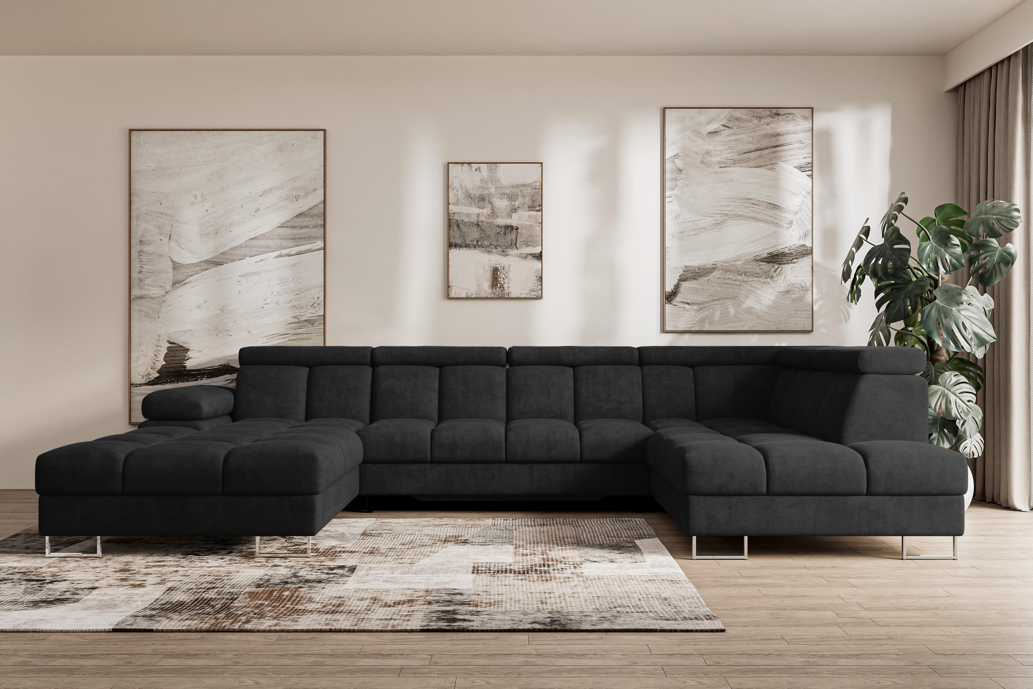 wohnli-moebel-suche-800001727729-1 WOHNLANDSCHAFT mit Schlaffunktion und Bettkasten Ottomane RECHTS COMA U 345x203x79 Schwarz Velours Textil ALTDECOR Möbel > Sofas & Couches > Wohnlandschaften > Wohnlandschaften U-Form Schwarz