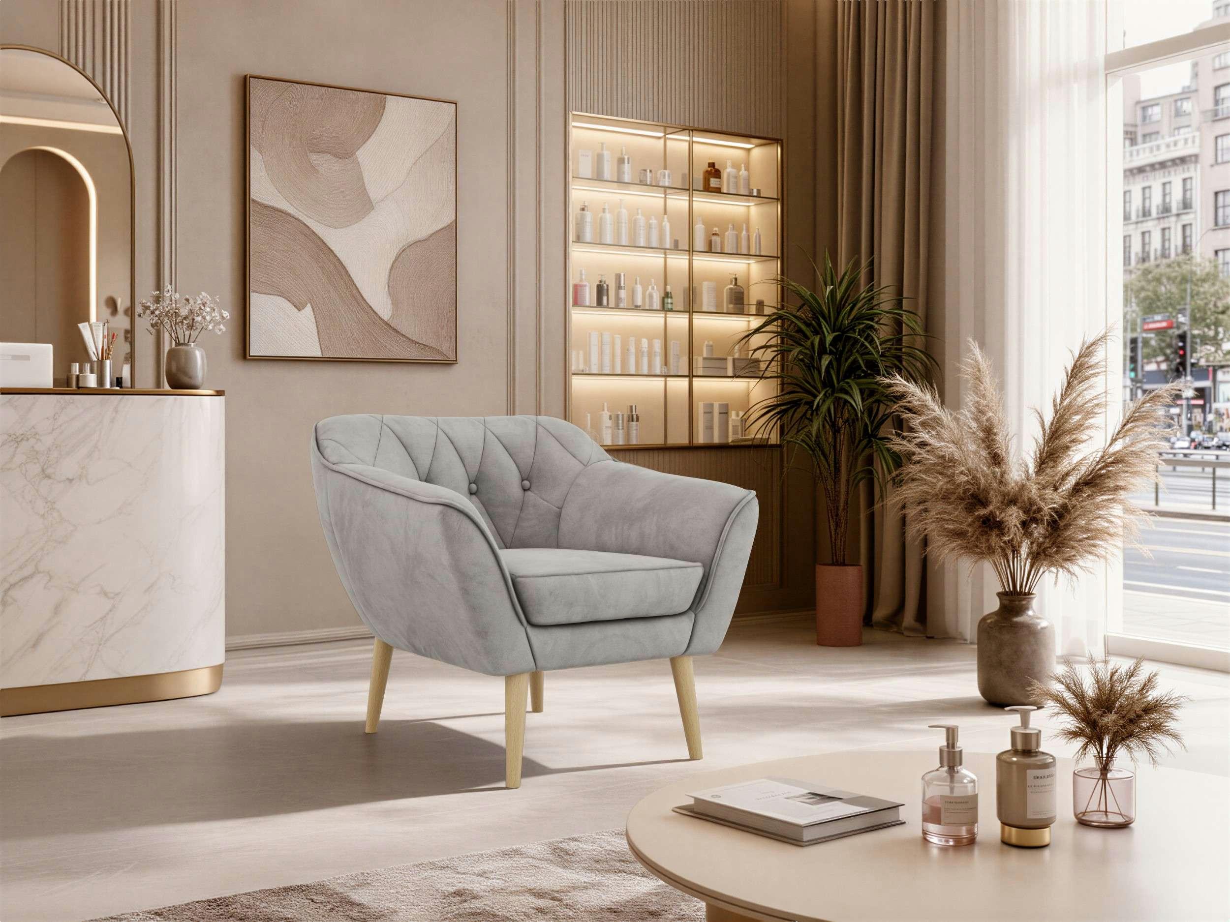 wohnli-moebel-suche-800001750564-1 SESSEL PIRS - Hellgrau Velvet - Holzbeine Textil MKS Möbel > Sessel > Polstersessel Grau