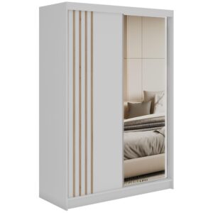 Wohnli Möbelsuche - SCHWEBETÜRENSCHRANK mit Lamellen und Spiegel DIANA - 150 - Weiß und Eiche Artisan