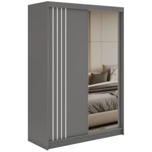 Wohnli Möbelsuche - SCHWEBETÜRENSCHRANK mit Lamellen und Spiegel DIANA - 150 - Grau und Weiß