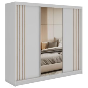 Wohnli Möbelsuche - SCHWEBETÜRENSCHRANK mit Lamellen und Spiegel DIANA - 240 - Weiß und Eiche Artisan