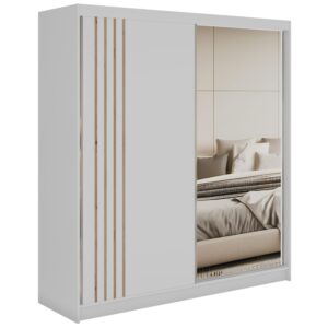 Wohnli Möbelsuche - SCHWEBETÜRENSCHRANK mit Lamellen und Spiegel DIANA - 200 - Weiß und Eiche Artisan