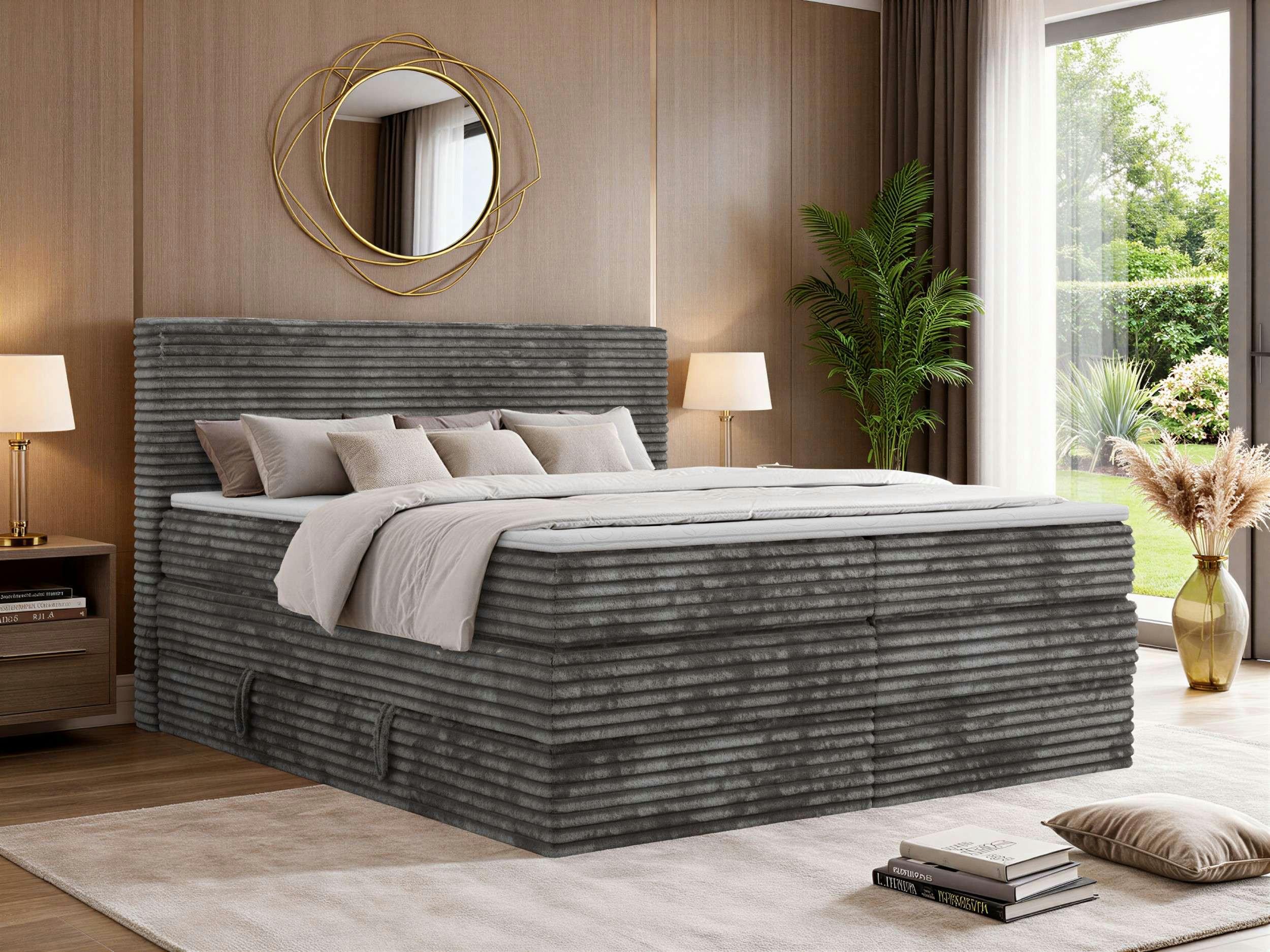 wohnli-moebel-suche-800001750662-1 BOXSPRINGBETT TILION KING 140/200 - Grau Cord - Topper Visco - H3 Textil MKS Möbel > Betten > Boxspringbetten Grau